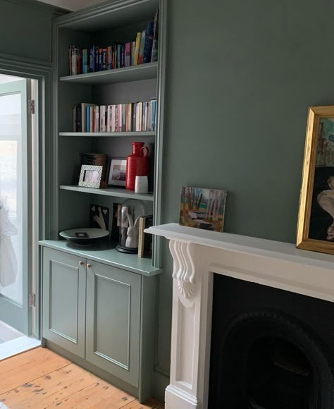 Painted Shelving Unit, Alcove Units Living Room, Alcove Cabinets Living Room, Living Room Alcove Joinery, Alcove Units, Alcove Joinery, Victorian Alcove Shelves, Victorian Alcove Cupboard, Alcove Shelving With Wood Storage