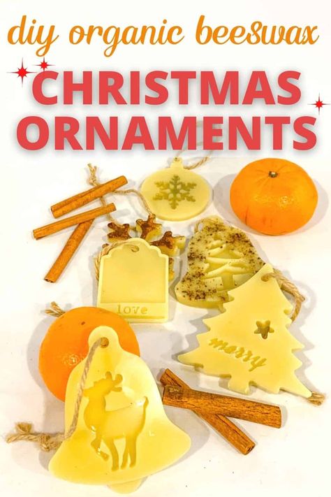 How to make beautiful beeswax ornaments tutorial. Beeswax ornament DIY with useful tips on how to choose the best mold, twine, ribbons. Beautiful organic Christmas ornaments you can make in less than an hour. Beeswax Crafts Diy Gifts, Wax Ornaments Diy Christmas, Organic Ornaments, Things To Make With Beeswax Simple, Beeswax Christmas Ornaments, Bee Ornaments Diy, Honey Bee Ornaments Diy, Bumble Bee Ornaments Diy, Beeswax Ornaments