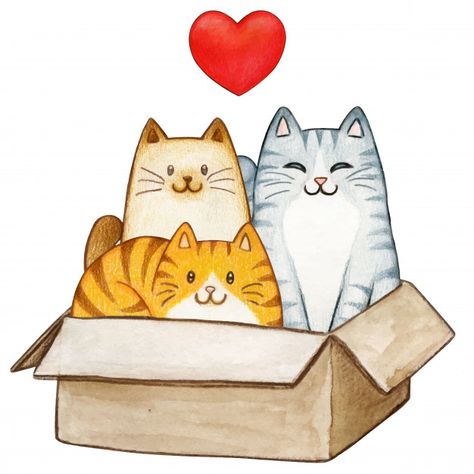 Three lovely watercolor kittens in a pap... | Free Vector #Freepik #freevector #watercolor #heart #family #paper Cat With Kittens Drawing, Cute Kittens Drawing, Cat Family Drawing, Three Cats Drawing, Cats In Love Drawing, Kittens Illustration, Watercolor Kitten, Cat In Box, Doodles Kawaii