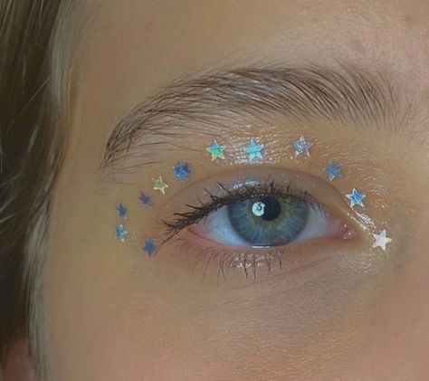 Magical Eyes, Shiny Makeup, 2021 Makeup, Freckles Makeup, Star Sequins, Pink Eyeshadow Look, Concert Makeup, Face Art Makeup, Makeup Tattoos