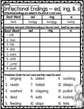 Root Words and Inflection Endings -ed, -ing, and -s | Inflectional Endings:This worksheet focuses on the inflectional endings -ed, -ing, and -s. On the first half of the worksheet, students will add each inflectional ending to the root word and then read the new word. On the second half of the works... 1st Grade Writing Prompts, Literacy Classroom, Inflectional Endings, Writing Comprehension, Elementary Worksheets, 2nd Grade Activities, Teaching Second Grade, Toddler Homeschool, 1st Grade Writing