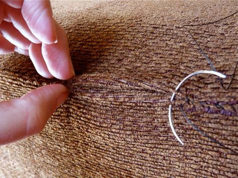 Repair Upholstery Tear, Repair Sofa Fabric, Upholstery Repair Diy, How To Patch A Hole In A Fabric Couch, Embroidered Couch Repair, Visible Mending Upholstery, Visible Mending Sofa, Visible Mending Furniture, Visible Mending Couch