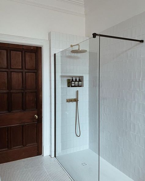 The shower 〰️ we transformed what was a very small cubicle into a walk-in rain shower to make the most of the space. Swipe for before! 〰️ Tiles from claybrookstudio 〰️ Brushed brass shower fixtures from crosswater_uk via ukbathrooms 〰️ Tray from fiorabath_official Brass Shower Fixtures, Walk In Shower Kits, Rain Shower Bathroom, Walk In Shower Tray, Cubicle Design, Wet Room Flooring, White Wall Tiles, Flat Decor, House Bathrooms