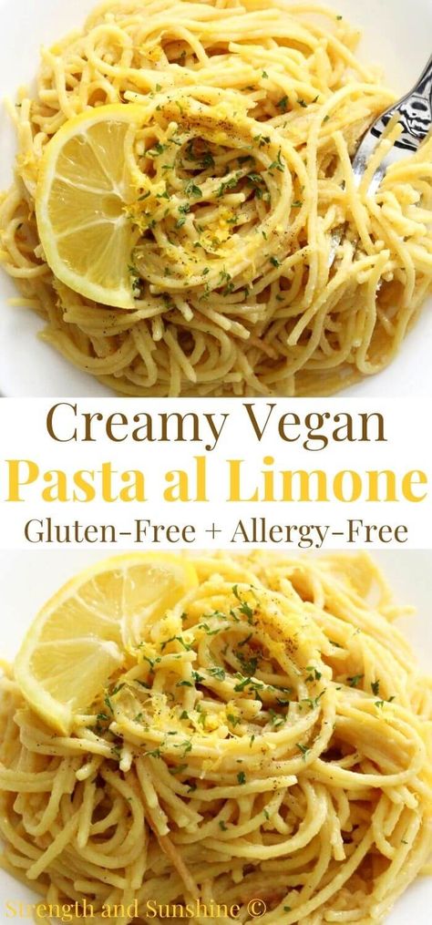 Vegan Pasta al Limone (Gluten-Free, Allergy-Free) | Strength and Sunshine | A classic Italian pasta dish with the creamiest lemon sauce! This Vegan Pasta al Limone recipe is gluten-free, dairy-free, allergy-free, and still so simple and easy to make! This authentic Southern Italian pasta sauce is cheesy, buttery, tangy, super creamy, and comes together in one pan for a quick and delicious meal ready in 10 minutes! Gluten Free Dairy Free Spaghetti, Vegan Lemon Pasta Sauce, Vegan Gf Pasta Recipes, Dairy Free Rigatoni Recipes, Dairy Free Lemon Chicken Pasta, Easy Dairy Free Pasta Sauce, Dairy Free Linguine Recipes, Dairy Free Tomato Free Pasta Sauce, Gluten Free Dairy Free Pasta Sauce