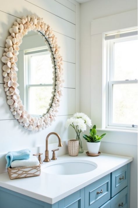 Coastal bathroom featuring DIY seashell mirror with white shiplap walls and natural lighting Diy Driftwood Decor, Mirror Tutorial, Diy Driftwood, Seashell Mirror, Driftwood Mirror, Coastal Bathroom, Driftwood Projects, Driftwood Wall Art, Easy Diy Decor