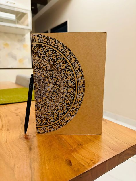 Personalised notebook with handmade mandala cover. Mandala Art File Cover, Mandala Front Page Design, Mandala Cover Page, Mandala Notebook, Project Cover Page, Mandala Book, Front Cover Designs, Front Page Design, Notebook Cover Design