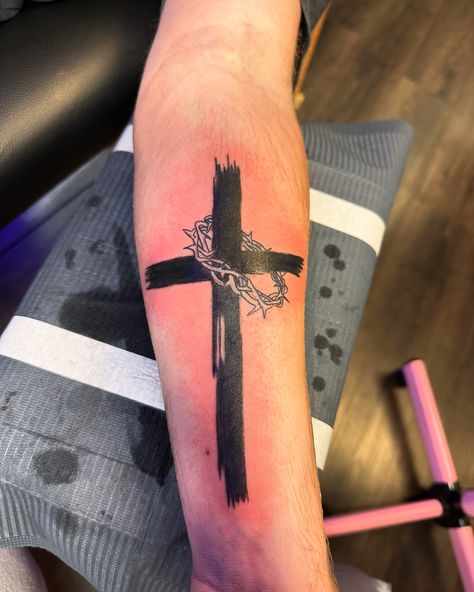 Cross with a crown of thorns, designed with organic, brushstroke-inspired lines to emphasize texture and flow. Thanks Chris! After Care & Glide: @mikeysbeardcompany #crosstattoo #crownofthorns #tattooshop #tattooideas #cincinnatitattooartist #daytontattooartist #tattooapprentice Crown Of Thorns With Flowers Tattoo, Cross And Crown Of Thorns Tattoo, Cross With Thorns Tattoo, Cross With Crown Of Thorns Tattoo, Thorn Crown Tattoo, Cross With Thorns, Cross With Crown Of Thorns, Crown Of Thorns Tattoo, Cross With Crown