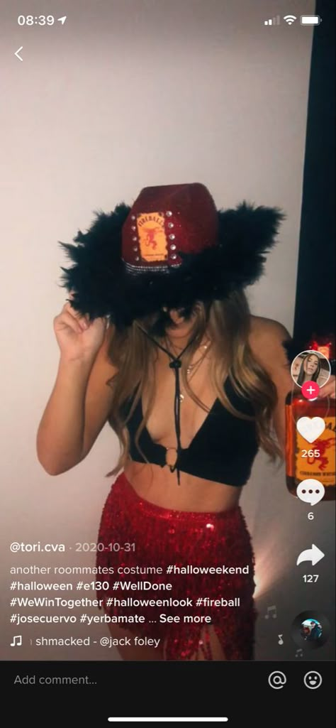 Alcohol Related Halloween Costumes, Fireball Cowgirl Costume, Halloween Costumes Liquor Bottles, Fireball Halloween Costume Cowboy Hat, Fireball Hat Costume, Alcohol Bottle Halloween Costume, Fireball Hat Diy, Jack Daniel’s Halloween Costume, Fireball Outfit Ideas