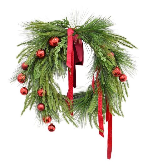 22" Christmas Pine & Red Bauble With Bow Drooping Wreath by Bloom Room | JOANN Front Door Christmas Bows, Red Baubles, Christmas Wreaths For Windows, Christmas Banister, Outdoor Christmas Wreaths, Red Christmas Wreath, Window Wreath, Holiday Wreaths Diy, Red Wreath