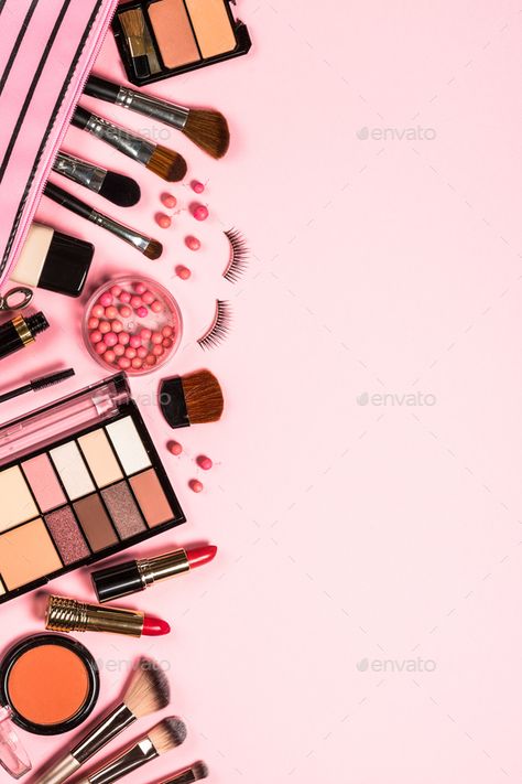 Makeup professional cosmetics on pink background. Top view with copy space. Makeup Related Wallpapers, Pink Makeup Background, Makeup Wallpaper Backgrounds Make Up, Makeup Background Wallpapers Beauty, Background Cosmetic Beauty, Cosmetic Background Wallpapers, Cosmetics Aesthetic Wallpaper, Makeup Design Poster, Beauty Wallpaper Makeup