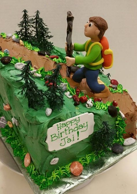 Birthday Cake For Hiker, Hiking Themed Cake, Hiking Cake Ideas For Men, Hiking Birthday Cake, Hiking Cake Ideas, Hiking Cake, Camping Theme Cakes, Camping Birthday Cake, 60th Cake