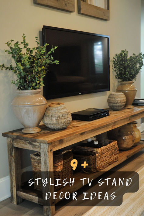 Not sure how to style your TV stand? These 9 decor ideas, featuring plants, books, and chic accents, will transform your living room into a stylish and cozy space. Tap to explore now! 📺✨ #TVStandDecor #LivingRoomStyle #HomeDecorIdeas #CozySpaces #NeutralAndChic #InteriorStyling #DesignGoals Style An Entertainment Center, Under Tv Console Table Decorating, Open Entertainment Center Decor, Under Tv Table Decor Ideas, Console Table Styling Under Tv, Ideas For Tv Stand Living Rooms, Tv Shelf Decor Living Room, Alternative Tv Stand Ideas, Open Tv Stand Decor