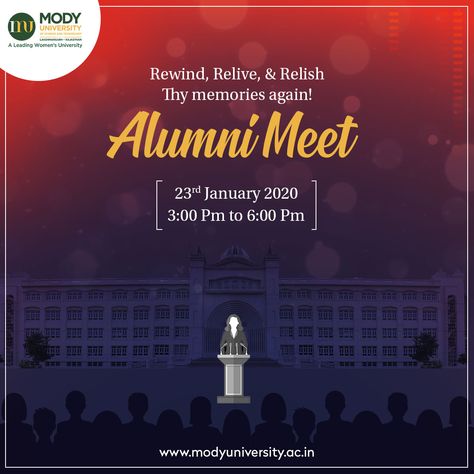 Those moments that we miss always; Those friendships that we remember always; Those bonds that we never wish to break -- To relive those memories, #ModyUniversity is organising Alumni Meet under Founder’s Day Celebrations on 23rd January at its Campus in Lakshmangarh (Sikar) Rajasthan.  Join us to relive, cherish & create memories!  #MU #FoundersDay #Celebration #ModyAlumni #Memories #Invitation #Reunite #Relive #Recollect #Reminiscence Alumni Meet Poster, Sikar Rajasthan, Dhanteras Images, Alumni Reunion, Kpop Iphone Wallpaper, House Warming Invitations, Founders Day, School Reunion, Create Memories