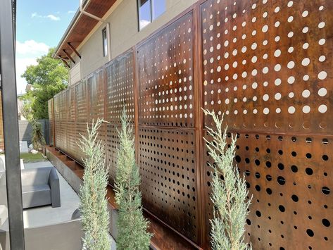 Our Privacy Screens are 100% Custom Made in the USA. We are located in Colorado but we can ship for all of the 50 states.  We only use high quality American Made steel. All of our Products are custom made.  We can add frames, posts, brackets. There are also several designs available through our Etsy listings. Or visit our website to see more options: www.hnpbuilding.com Benefits of our privacy screens: 1-Increased privacy - The nosy neighbors and odd passersby will have a much harder time seeing Sheet Metal Fence Ideas, Privacy Panels Outdoor, Metal Screen Panels, Metal Privacy Screen Outdoor, Steel Privacy Screen, Garden Privacy Screens, Outdoor Privacy Panels, Corten Steel Garden, Nosy Neighbors