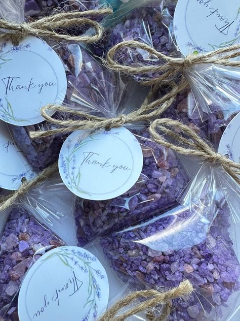 25bags lavender bath salt favors, Lavender wedding guest favors, Personalized thank you mini bulk gifts, From my shower to yours bath soak Embellish your wedding table or bridal shower party  with lavender bath salt favors with your personalized text. These miniature bath salt bags are an exquisite gift for wedding and baby shower guests, or bridal shower party thank you gift favors. Details: each bag weights 1,4 oz (40g) and measures for bags approx. 2,7 x 4" (7x10cm).  You will receive 25 plas Lavender Bridal Shower Ideas, Bath Salt Favors, Salt Favors, From My Shower To Yours, My Shower To Yours, Wedding Guest Favors, Bridal Shower Gift Bags, Lavender Baby Showers, Bulk Gifts