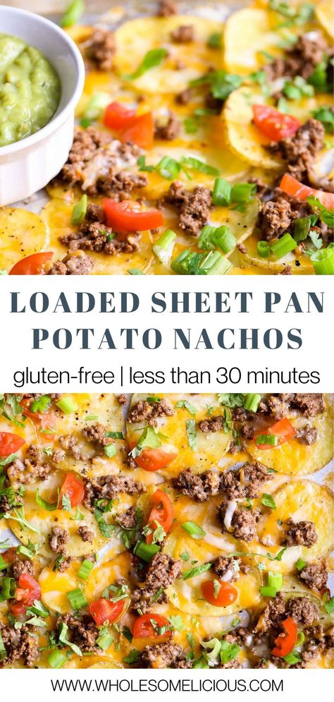 Healthy Potato Nachos, Sweet Potato Nachos With Ground Turkey, Potatoe Nachos Recipe, Sheet Pan Sliced Potatoes, Potato Nachos Pioneer Woman, Gluten Free Nachos Recipe, Loaded Potato Nachos, Loaded Burger Sweet Potato Sheet Pan, Gluten Free Recipes For Dinner Sheet Pan