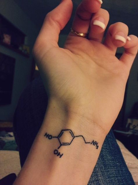 periodic table. Dopamine Tattoo, Simple Wrist Tattoos, Molecule Tattoo, Sharpie Tattoos, Chemical Structure, Wrist Tattoos For Women, Feel Happy, Design Tattoo, S Tattoo