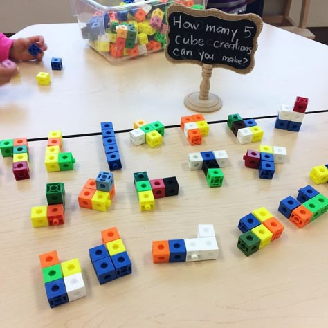 An interest in making figures out of linking cubes led to today's math challenge: 'How many different 5-cube creations can you make?' This led to a really great discussion on whether two figures are still the same, even if one of them is upside-down or turned on its side 💭 #kindergarten #earlymath #iteachk #ctinquiry Reception Maths, Maths Eyfs, Year 1 Maths, Numeracy Activities, Mathematics Activities, Continuous Provision, Eyfs Classroom, Maths Area, Maths Games