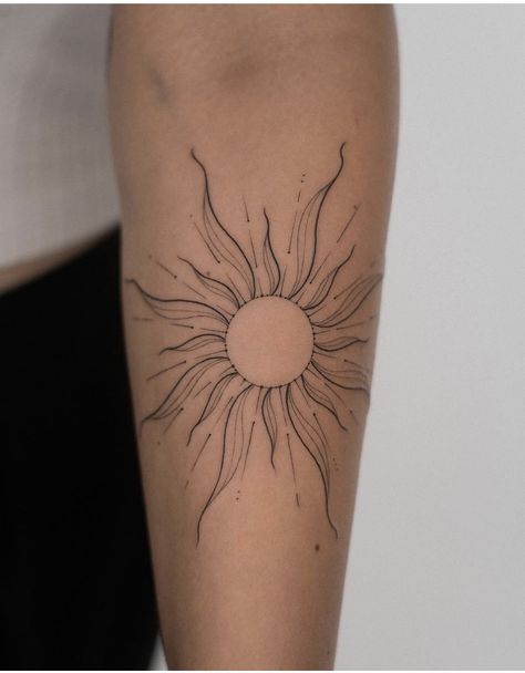 Wrapped Arm Tattoos For Women, Tattoo Ideas Female Inside Arm, Womens Sun Tattoo, Elbow Sun Tattoos For Women, Sun On The Shoulder Tattoo, Fingerprint Sun Tattoo, How Soon Is Now Tattoo, Sun Tattoo Above Elbow, Inner Elbow Sun Tattoo