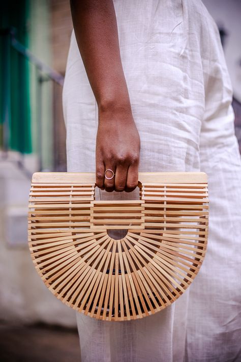 Rattan Purse Outfit, Washington Dc Style, White Linen Jumpsuit, Rattan Purse, Straw Accessories, Bamboo Bags, Dc Style, Rattan Bags, Wooden Purse