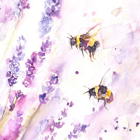 Bees and lavender by Jennifer Rose Gallery Watercolour Bees, Watercolour Bee Painting, Watercolor Bees And Flowers, Bumblebee Watercolor Paintings, Watercolour Fairy, Bee And Flower Watercolor, Bee And Lavender, Lavender Wall Art, Lavender And Bees Art