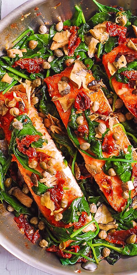 Filling Dinner Ideas, Salmon With Spinach, Honey Glazed Salmon Recipe, Seared Salmon Recipes, Canned Salmon Recipes, Mediterranean Salmon, Salmon Recipes Pan Seared, Salmon Glaze Recipes, Salmon Spinach