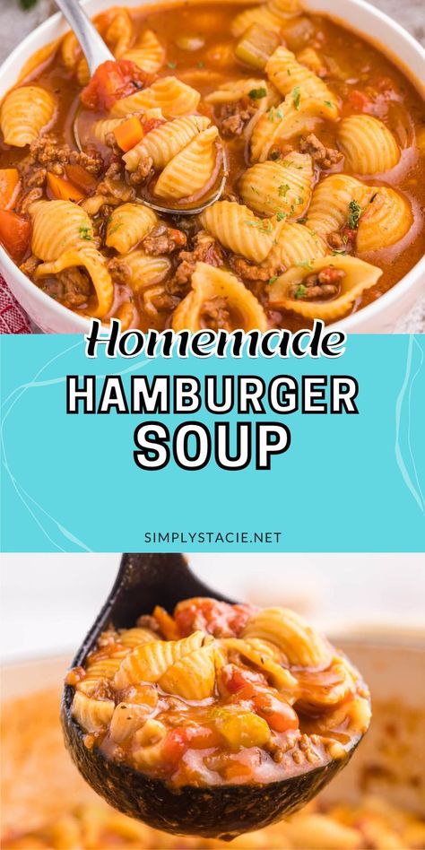 Two image collage of hamburger soup. First image is the soup in a bowl with a spoon. Second image is the soup in a ladle. Hamberburger Meat Soup Recipes, Instant Pot Hamburger Soup With Barley, Soup With Burger Meat, Quick And Easy Soup Recipes For Two, Soup Recipes Hamburger Meat, Hamburger Meat Recipes Dutch Oven, Soup Using Hamburger Meat, Fall Soup With Ground Beef, Homemade Hamburger Soup