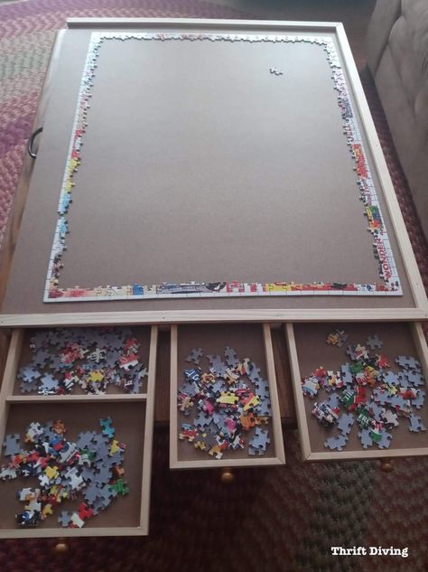 10 Steps to Create a DIY Puzzle Board with Drawers Tutorial | Thrift Diving Blog | Bloglovin’ Diy Puzzle Board With Drawers, Puzzle Cover Diy, How To Make A Puzzle Board Diy, How To Build A Puzzle Table, Jigsaw Puzzle Board Diy, Puzzle Frames Diy, Diy Puzzle Table Plans, Puzzle Board Ideas, Puzzle Tray Diy