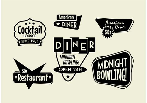 50s Diner, Bowling, and Cocktail sign Pack Diner Branding, Diner Logo, Mars Poster, Diner Sign, 50s Design, Cocktail Sign, Retro Signs, 50s Diner, Retro Logo Design