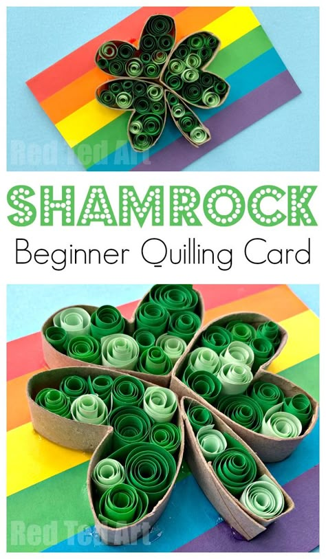 Paper Quilling Shamrock Cards. Gorgeous Saint Patrick's Day Cards to make wih kids. Great beginner's quilling project and gorgeous paper shamrock. Toilet Paper Roll craft too! #shamrock #preschool #saintpatricksday #paperquilling #quilling St Patrick Art Projects, Saint Patricks Arts And Crafts For Kids, St Patricks Art, March Crafts For Kids Elementary Schools, March Diy Crafts, March Craft, St Patrick's Day Art, St Patricks Day Crafts For Older Kids, St Patrick’s Day Art Projects