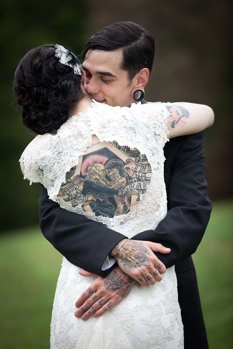 #loveislove Brides With Tattoos, Funny Wedding Photos, Lady Like, Wedding Tattoos, A Wedding Dress, Skin Art, Couple Tattoos, Love Tattoos, Body Mods