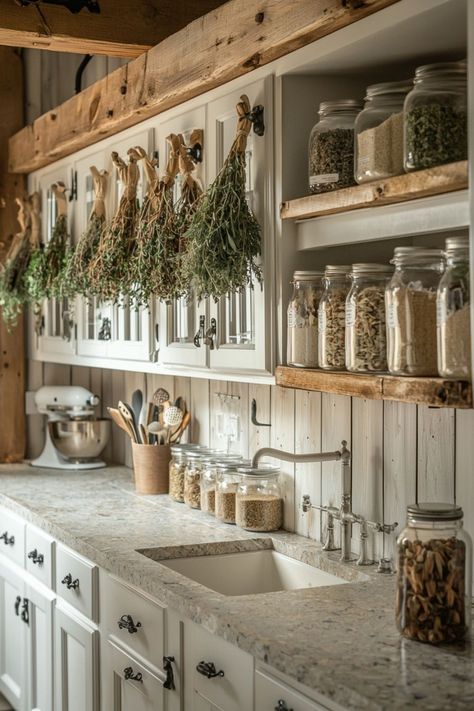 White Vintage Kitchen Ideas, Vintage Style Kitchen Ideas, Apothecary Kitchen Decor Ideas, Rustic Spice Rack Ideas, Home Apothecary Room, Apothecary Aesthetic Kitchen, Modern Apothecary Aesthetic, Cottagecore Kitchen Aesthetic, Vintage Cottage Kitchen