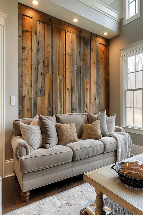 Rustic living room with wooden board and batten accent wall Modern Wood Accent Wall Living Room, Rustic Board And Batten Wall, Wall Accent Ideas, Wood Accent Wall Ideas, Board And Batten Accent Wall, Batten Accent Wall, Design Bedroom Wall, Reclaimed Wood Accent Wall, Aesthetic Home Decor Ideas