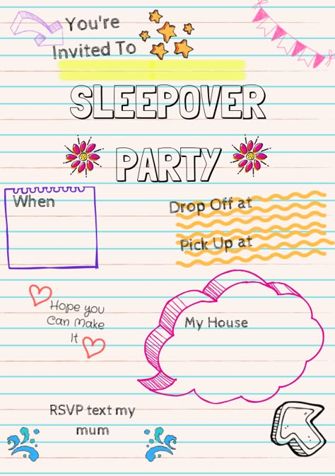 Free Sleepover Invitations Printables, Birthday Invitations Sleepover, Sleep Over Birthday Party Invitations, Sleepover Party Invite, Sleep Over Party Invitations, Sleepover Ideas Crafts, Sleepover Birthday Party Invitations, Sleepover Planner, Sleep Over Invitation