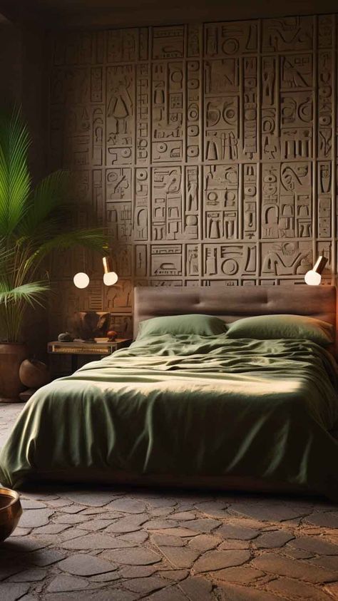 Neutral Palette Hieroglyph Bedroom: Embrace tranquility with a neutral palette in a hieroglyph-themed bedroom. Soft earth tones, subtle patterns, and ancient symbols create a serene and sophisticated atmosphere, turning your bedroom into a calming retreat. See more on Nymphs Daily Blog. Soft Earth Tones, Ancient Scripts, African Architecture, Egyptian Inspired, Themed Bedroom, Egyptian Culture, Ancient Symbols, Neutral Palette, Bedroom Themes