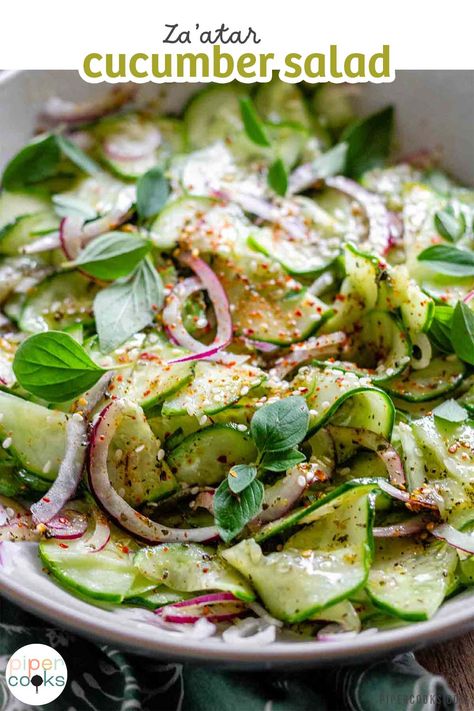 Craving a refreshing salad? Try this Zaatar Cucumber Salad! Crisp cucumbers, tangy za'atar, and a zesty homemade dressing come together for a Middle Eastern-inspired dish. Perfect for hot summer days or as a light side. Easy to make and packed with flavor, this salad will become your new go-to. Learn how to make it from scratch and discover tips for the perfect balance of crunch and tang. #ZaatarSalad #CucumberRecipes #HealthyEating Cucumber Salad Indian, Indian Cucumber Salad, Indian Cucumber, Easy Dinner Sides, Pearl Couscous Salad, Cucumber Raita, Healthy Substitutions, Za Atar, Keto Pancakes