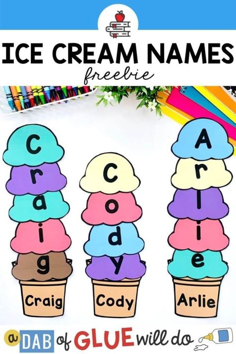 Ice Cream Literacy Preschool, Ice Cream Names Preschool, Summer Name Activities Preschool, Ice Cream Songs For Toddlers, Pre K Ice Cream Activities, Ice Cream Cone Activities For Preschool, Ice Cream Curriculum Preschool, Pre K Food Crafts, Ice Cream Math Activities For Preschool