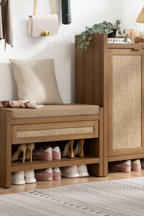 #rattan shoe bench with #linen seat cushion and  #storage for hallway/entryway. ideal for small apartments and houses. Shoe Rack With Seating Entryway Ideas, Boho Shoe Rack, Small Hallway Bench, Boys Apartment, Small Shoe Bench, Shoe Storage Seat, Hallway Shoe Storage Bench, Bedroom Bench Seat, Entryway Bench With Storage