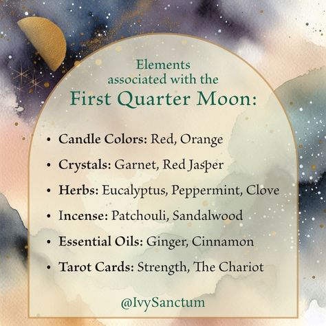 🌕✨ Harness the Energy of the First Quarter Moon ✨🌕 As the First Quarter Moon rises, let these traditional elements guide your ritual and amplify your intentions. Trust your intuition and choose what resonates with you. 🕯️ Candle Colors: Red energizes action, and Orange brings courage to face your challenges. 💎 Crystals: Garnet and Red Jasper can support your resilience and grounding. Garnet fuels courage, while Red Jasper enhances determination. 🌿 Herbs: Eucalyptus clears away negativity,... What To Do On A First Quarter Moon, Last Quarter Moon Magic, First Quarter Moon Ritual, Quarter Moon Ritual, Spell Timing, Moon 2024, First Quarter Moon, Hearth Witch, Witchy Journal