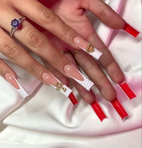 Red Bottom Nails, Red And White Nails, Tapered Square Nails, Acrylic Toe Nails, Hippie Nails, French Tip Acrylic Nails, 15k Followers, French Acrylic Nails, Long Acrylic Nails Coffin