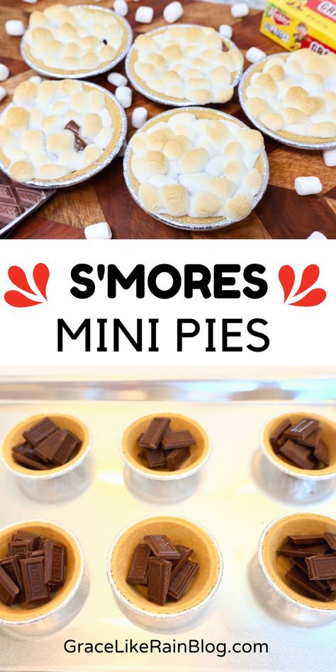 Give your classic s'mores a delightful makeover with our Mini S'mores Pies recipe. These little pies of heaven embody the perfect blend of creaminess, crunch, and flavor. Create a dessert that's not only better than the sum of its s'mores components but a conversation starter as well. Get ready to bake your way to everyone's heart! Mini Smore Pies, Mini S’more Pies, S’mores Pie Mini, Individual Graham Cracker Crust Pies, Mini S’mores Pie, No Bake Mini Pies For Kids, S’mores Mini Pies, Mini Graham Cracker Crust Pies, Sweet Finger Foods For Party