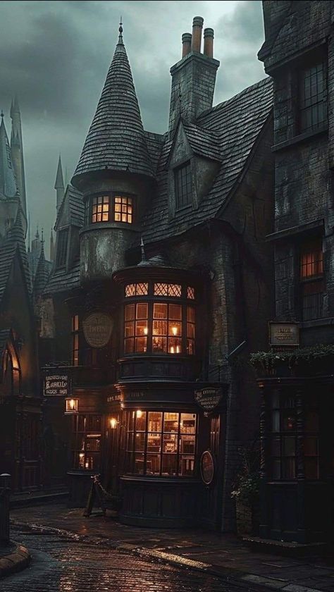 Diagon Alley Harry Potter, Diagon Alley Aesthetic Wallpaper, Diagon Alley Fan Art, Nocturn Alley Harry Potter, Diagon Alley Painting, Dark Fantasy City Aesthetic, Diagon Alley Art, Dark Fantasy Buildings, Cartographer Aesthetic