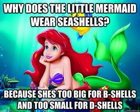 Why does the little mermaid wear seashells? (C-shells) Mermaid Meme, Mermaid Jokes, Meme Disney, Bra Jokes, Ariel Pictures, Mermaid Humor, Mermaid Quotes, Surf N Turf, Movie Cartoon