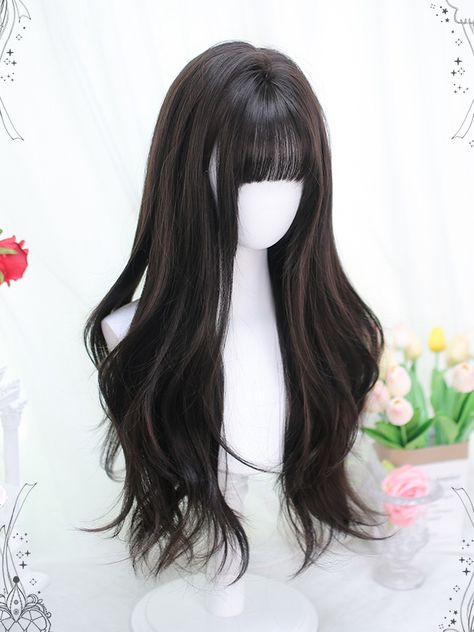 Get the perfect kawaii look with our air bangs long wig in black-brown! This wig features airy bangs, giving you a cute and playful appearance.   Please note that this product includes only the wig. Garment Size SizeFree SizeHair Length60 Long Dark Brown Hair With Bangs, Black Long Hair With Bangs, Long Brown Hair With Bangs, Black Bangs Hair, Airy Bangs, Brown Hair With Bangs, Black Hair With Bangs, Bangs Black Hair, Black Wig With Bangs