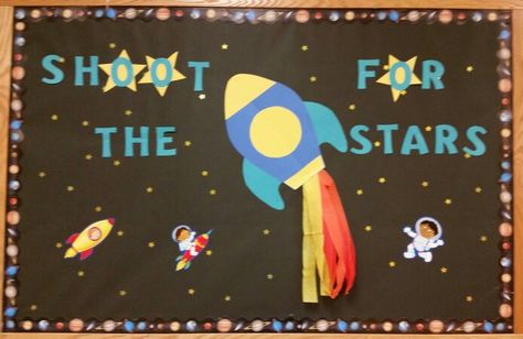 Shoot for the Stars Space Rocket Bulletin Board Outer Space Bulletin Boards Preschool, Rocket Bulletin Board, Space Theme Hallway, Rocket Classroom Door, Space Bulletin Board Ideas, Out Of This World Bulletin Board, Shoot For The Stars Bulletin Board, Reach For The Stars Bulletin Board, Rocket Ship Classroom Door Space Theme