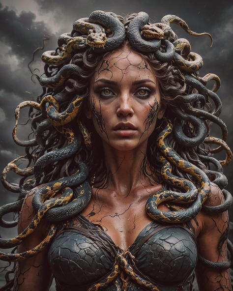 medusa by AI
Medusa is a figure from Greek mythology, known as one of the Gorgons. She has snakes for hair and can turn anyone who looks directly at her into stone. Once a beautiful maiden, she was transformed into a monster by the goddess Athena. Medusa was eventually slain by the hero Perseus.
#greekmythology #greekhistory #greekgods #aigeneratedart #aiartists #aiart #medusa Medusa Moodboard, Athena Medusa, Medusa And Athena, Medusa Goddess, Monster Woman, Medusa Greek Mythology, Greek Mythology Medusa, Athena Greek Goddess, Medusa Hair