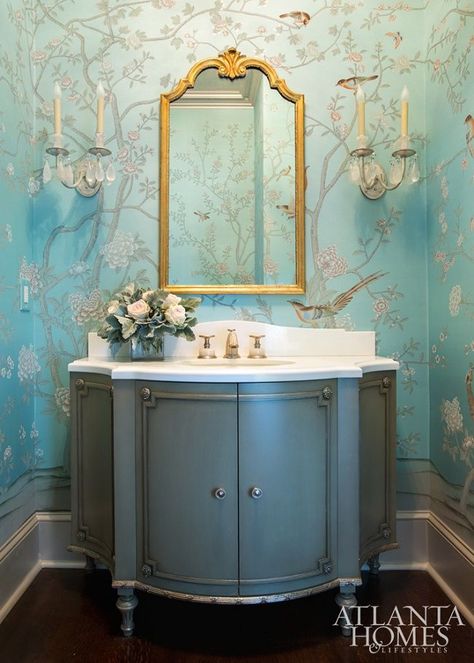 The Chinoiserie Powder Room Suzanne Kasler, Powder Room Ideas, Powder Room Design, Chinoiserie Wallpaper, Atlanta Homes, Chinoiserie Chic, Powder Bath, Southern Home, Powder Rooms