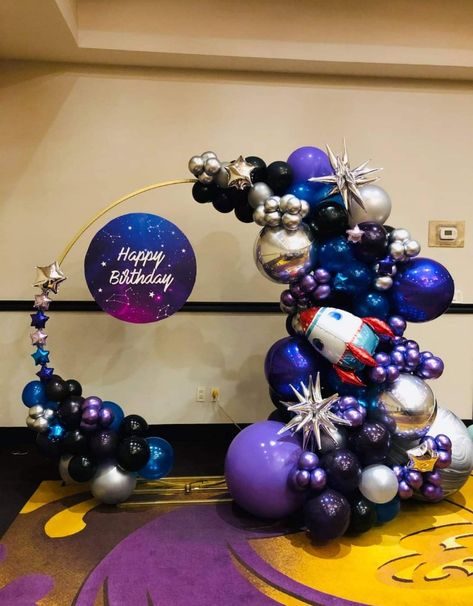 Monsters Inc Decorations, Galaxy Balloons, Balloon Pillars, Astronaut Party, Astronaut Birthday, Space Theme Party, Space Birthday Party, Galaxy Theme, Mens Birthday Party