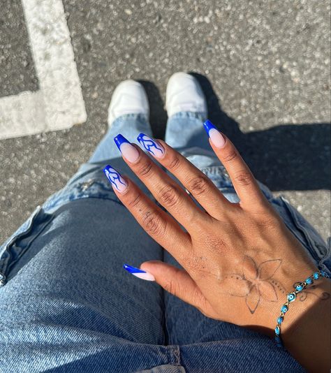 Blue Nail Designs Hearts, Royal Blue Nails With Hearts, Royal Blue Heart Nails, Dark Blue Flame Nails, Blue Nails Coffin Medium, Cobalt Blue Nail Art, Royal Blue Nail Inspo Acrylic, Cobalt Nails Design, Square Royal Blue Nails