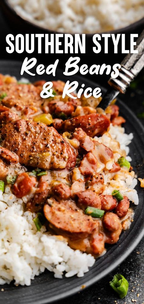 A close up of a black plate loaded with white rice that is topped with a chili-like mixture of beans and sausage, topped with chopped green onions. Red Beans And Sausage Recipe, Rice In The Crockpot, Recipe For Red Beans And Rice, Red Beans And Rice Recipe Crockpot, Red Beans And Rice Recipe Easy, Kidney Bean Soup, Red Bean And Rice Recipe, Red Beans Recipe, Red Beans And Rice Recipe